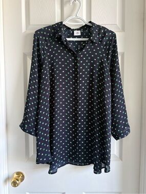 CAbi Navy Tunic with Green Dot Print